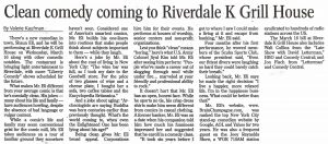 Riverdale Press article titled "Clean comedy coming to Riverdale K Grill House" on Shaun Eli bringing stand-up comedy to a local restaurant