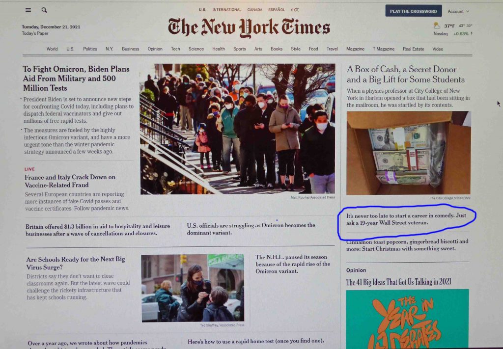 Front page of New York Times Dec 21, 2021 with a link to article on Shaun Eli