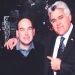 Jay Leno pointing to Shaun Eli on the set of The Tonight Show